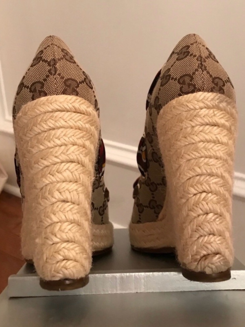 Gucci Beige GG Canvas Espadrille Wedges with Multicolor Scarf Lacing - Picture 3 of 8